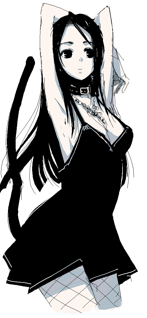onija tarou, original, 1girl, armpits, arms up, blue theme, breasts, cleavage, collar, female focus, fishnet pantyhose, fishnets, jewelry, leash, monochrome, necklace, oekaki, pantyhose, sketch, solo, tail