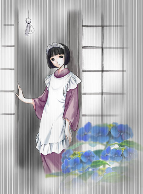 mori kaoru, shirley medison, shirley (manga), 1girl, apron, black hair, bob cut, female focus, flower, hydrangea, maid, maid apron, maid headdress, rain, short hair, solo, teruterubouzu