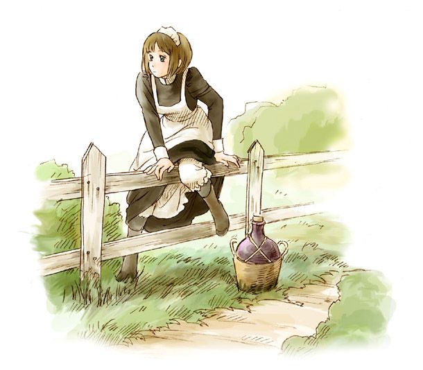 mori kaoru, shirley medison, shirley (manga), 1girl, black pantyhose, bloomers, bob cut, boots, bottle, brown boots, day, female focus, fence, maid, outdoors, pantyhose, solo, underwear