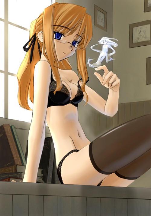 tsuina, original, duplicate, 1girl, black panties, black thighhighs, blonde hair, blue eyes, bra, female focus, glasses, lingerie, long hair, navel, panties, ponytail, sitting, smile, solo, strap slip, thighhighs, underwear, underwear only