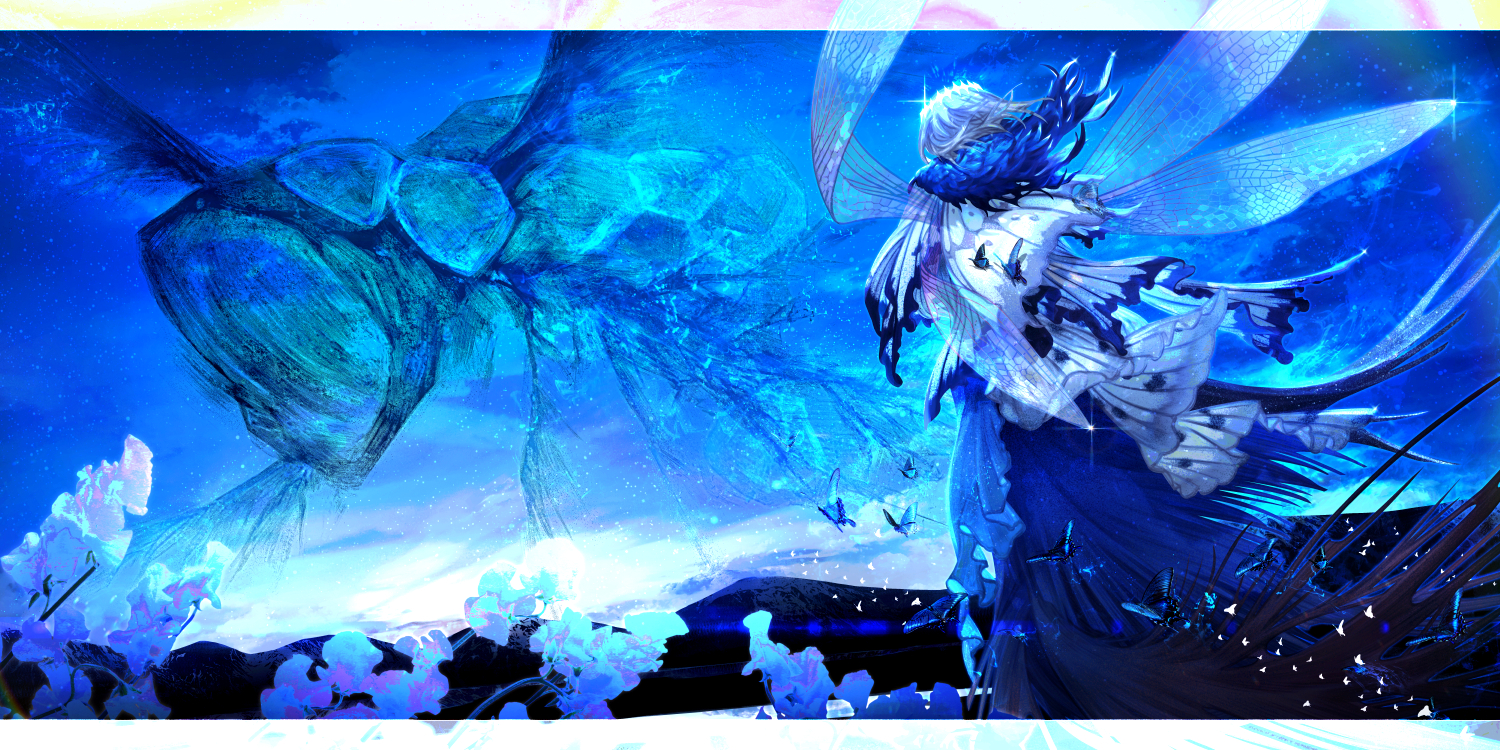 hoshitsubame, oberon (fate), oberon (third ascension) (fate), fate/grand order, fate (series), 1boy, blue eyes, bug, crown, diamond hairband, dragonfly wings, from behind, grey hair, insect wings, male focus, medium hair, solo, wing cape, wings