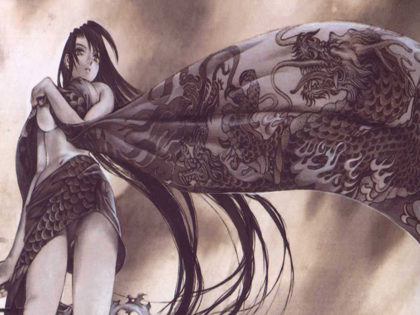 oogure ito, natsume aya, tenjou tenge, highres, 1girl, ahoge, breasts, dragon, female focus, from below, large breasts, long hair, midriff, monochrome, navel, no bra, scales, sideboob, skirt, solo, thighs, underboob, very long hair, wind