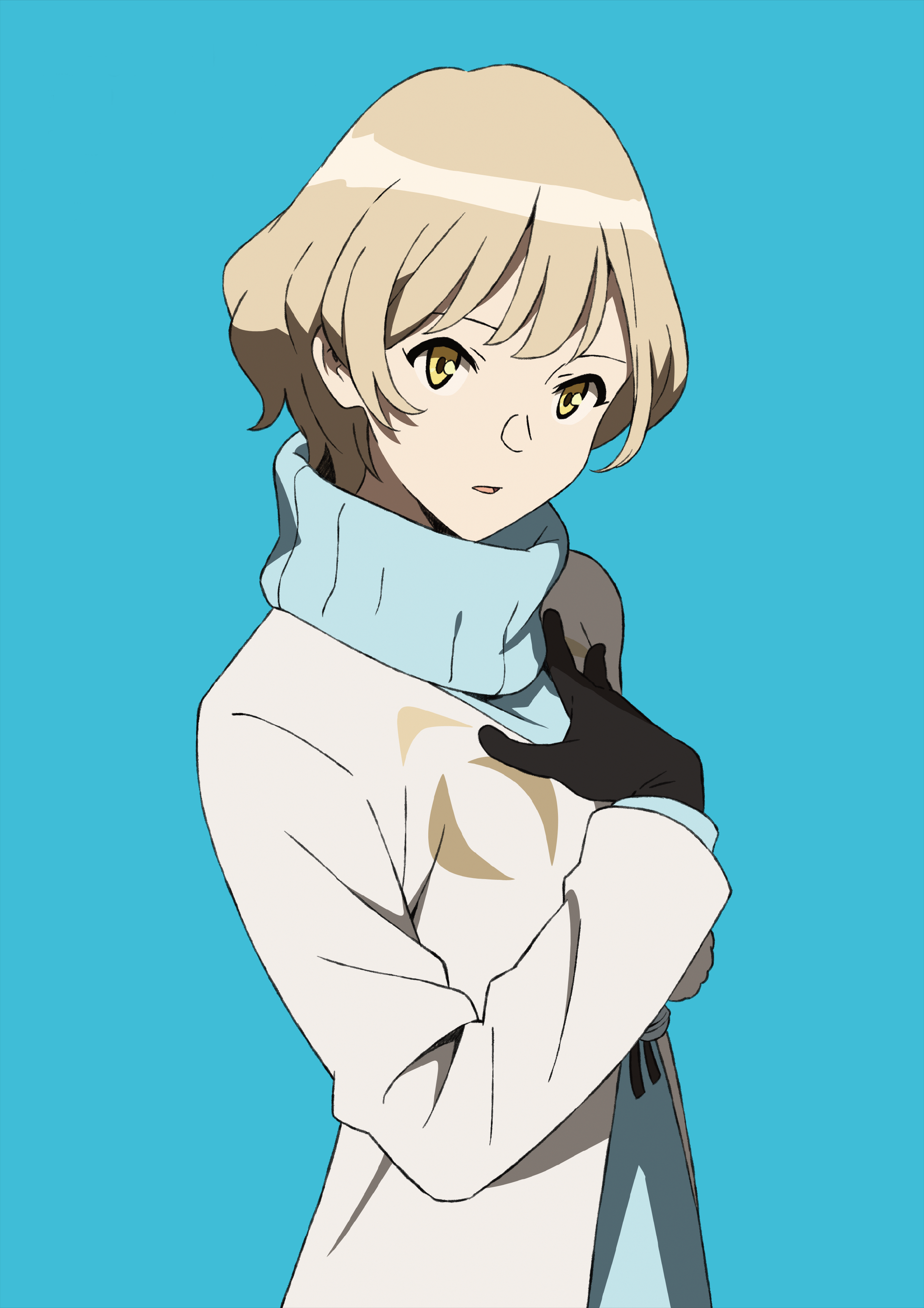 occultic;nine, science adventure, absurdres, highres, official art, 1girl, black gloves, black pantyhose, blonde hair, blue background, blue sweater, coat, gloves, kisaki asuna, long sleeves, open mouth, pantyhose, ribbed sweater, short hair, simple background, solo, sweater, turtleneck, turtleneck sweater, white coat, yellow eyes