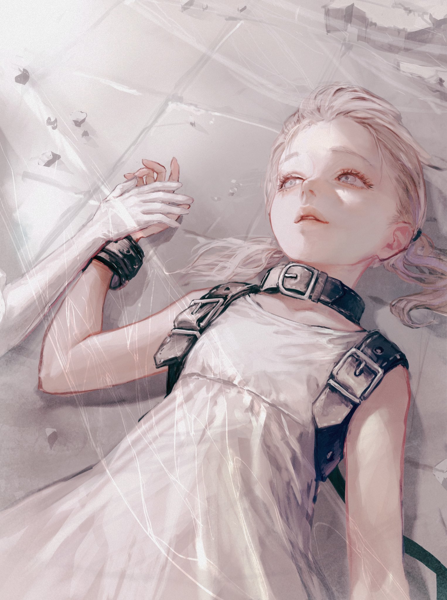 momota ro5555, fio (nier), nier (series), nier reincarnation, highres, 1girl, 1other, black collar, collar, cuffs, dress, expressionless, grey eyes, holding hands, looking to the side, lying, on back, on ground, out of frame, parted lips, short hair, short twintails, sleeveless, sleeveless dress, solo focus, twintails, upper body, white dress, white hair