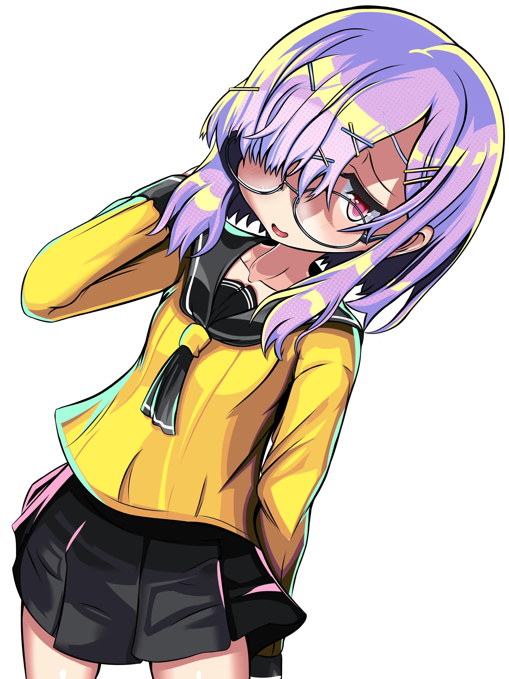kouto matai, kobayashi sana, dohna dohna issho ni warui koto o shiyou, highres, 1girl, black skirt, blush, collarbone, cowboy shot, glasses, hair ornament, hair over one eye, hairclip, long sleeves, looking at viewer, multiple hair clips, open mouth, pink eyes, pleated skirt, purple hair, school uniform, shirt, short hair, simple background, skirt, solo, transparent background, yellow shirt