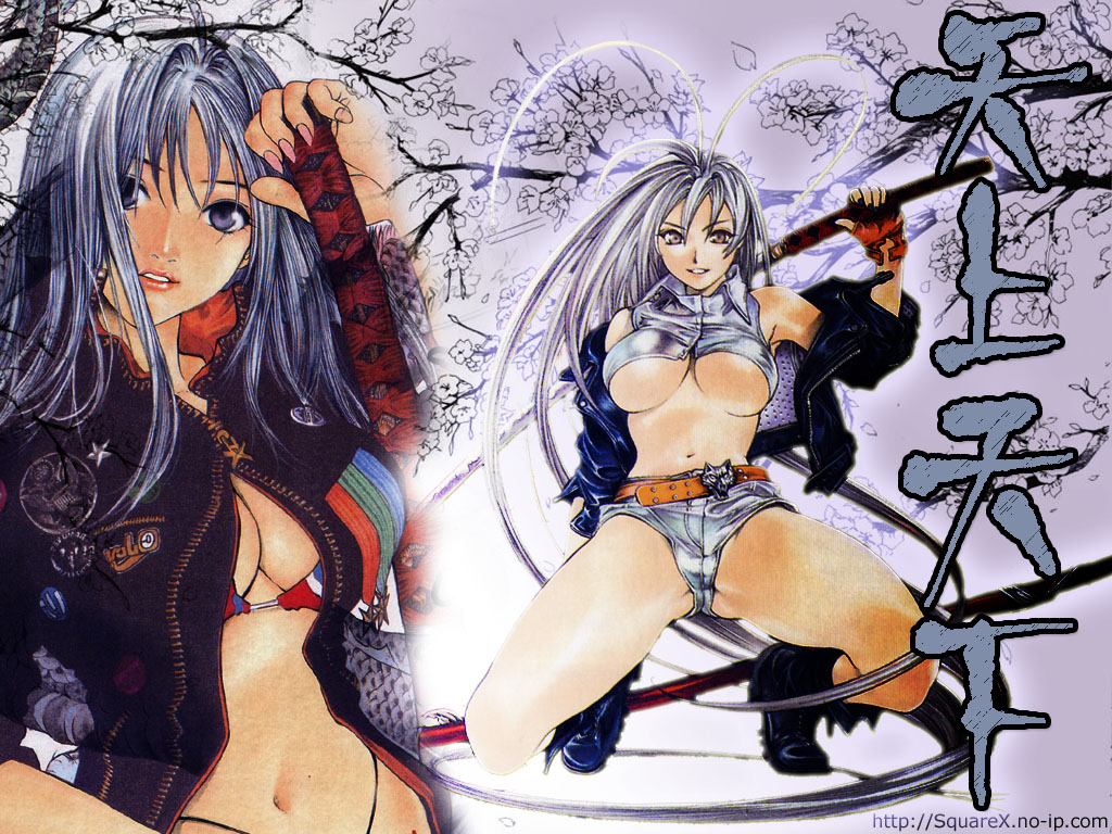 oogure ito, natsume maya, tenjou tenge, silver hair, third-party edit, 1girl, antenna hair, belt, bikini, bikini under clothes, blue eyes, boots, breasts, brown eyes, cherry blossoms, cleavage, fingerless gloves, fingernails, gloves, jacket, large breasts, lipstick, long fingernails, long hair, makeup, multiple views, nail (hardware), nail polish, no bra, off shoulder, pink nails, purple eyes, short shorts, shorts, smile, squatting, swimsuit, swimsuit under clothes, sword, underboob, very long hair, weapon, zipper
