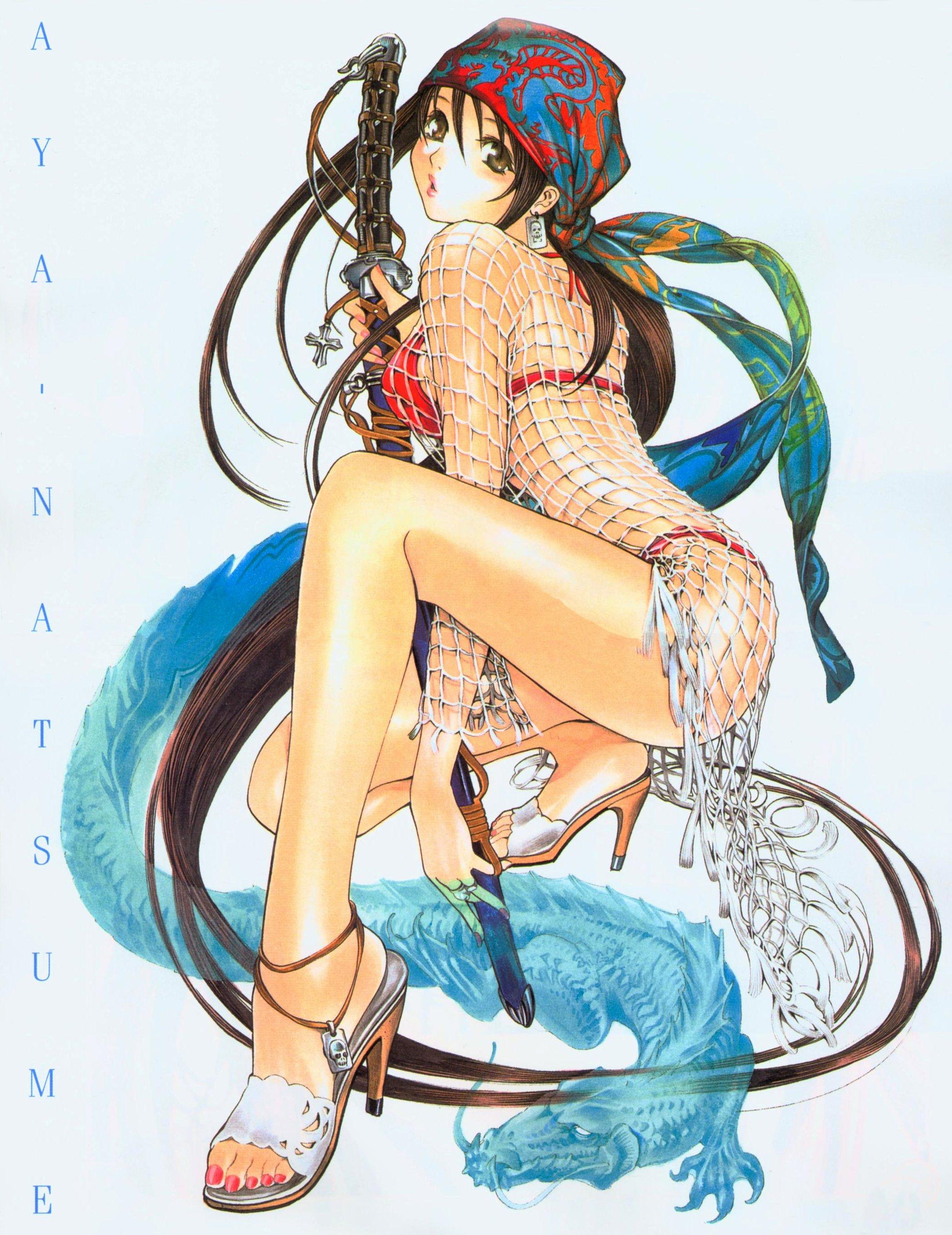 oogure ito, natsume aya, tenjou tenge, absurdres, highres, 1girl, anklet, back, bandana, bikini, brown eyes, brown hair, cross, dragon, earrings, feet, female focus, fishnets, high heels, jewelry, katana, kneeling, latin cross, legs, lipstick, long hair, looking back, makeup, nail polish, open shoes, pink nails, ring, sheath, shoes, skull, solo, squatting, swimsuit, sword, toenail polish, toenails, toes, very long hair, weapon