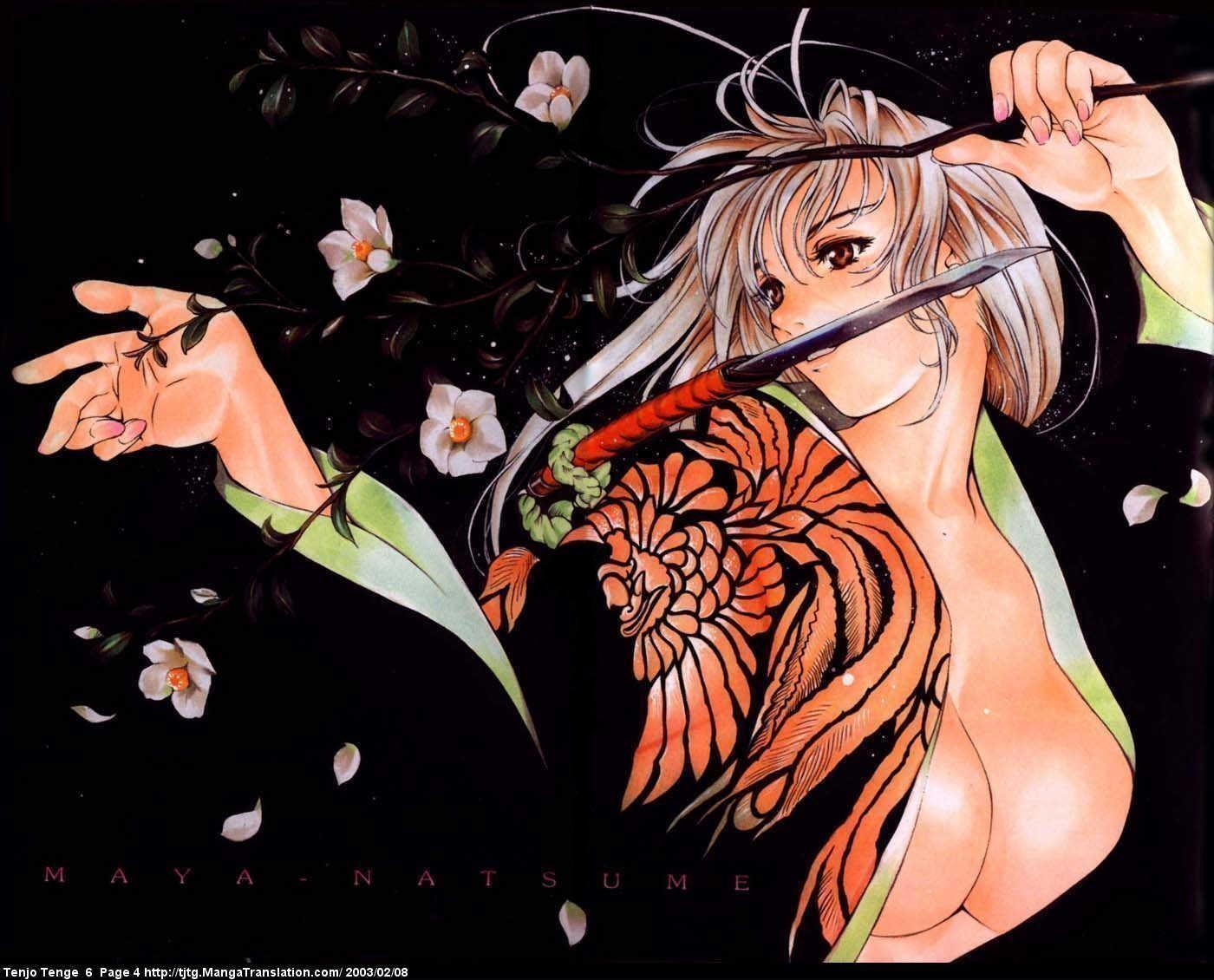 oogure ito, natsume maya, tenjou tenge, silver hair, scan, 1girl, antenna hair, breasts, brown eyes, cleavage, comic, female focus, flower, japanese clothes, kimono, knife, large breasts, leaf, long hair, mouth hold, nail polish, no bra, open clothes, open shirt, petals, pink nails, shirt, solo