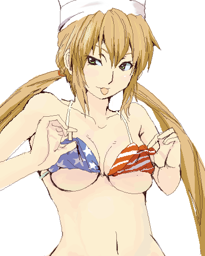 monica adenauer, yakitate!! japan, lowres, 00s, 1girl, american flag, american flag bikini, american flag print, bikini, blonde hair, breasts, chef hat, female focus, flag print, flag print bikini, green eyes, hat, large breasts, oekaki, print bikini, solo, swimsuit, twintails, underboob, united states