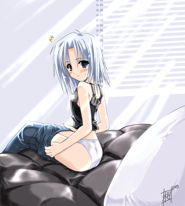 sakura nitouhei, tsukihime souka, tsukihime, 00s, 1girl, ^^^, bed, blue eyes, blue hair, blush, camisole, clothes pull, female focus, looking back, matching hair/eyes, panties, pants, pants pull, pulling own clothes, sitting, solo, underwear, undressing, white panties