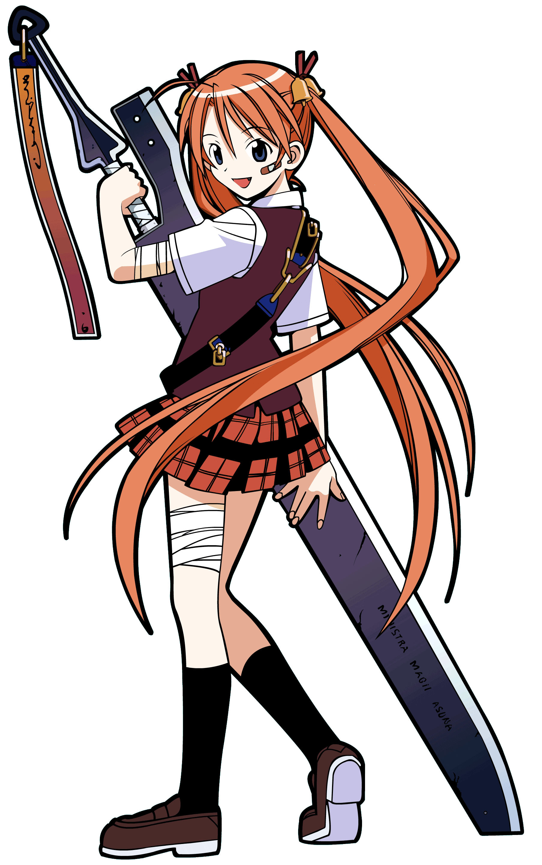 kagurazaka asuna, mahou sensei negima!, absurdres, highres, 00s, 1girl, bandaid, bandaid on face, bell, fang, female focus, hair bell, hair ornament, huge weapon, open mouth, plaid clothes, plaid skirt, pleated skirt, skirt, solo, sword, text focus, weapon, zweihander