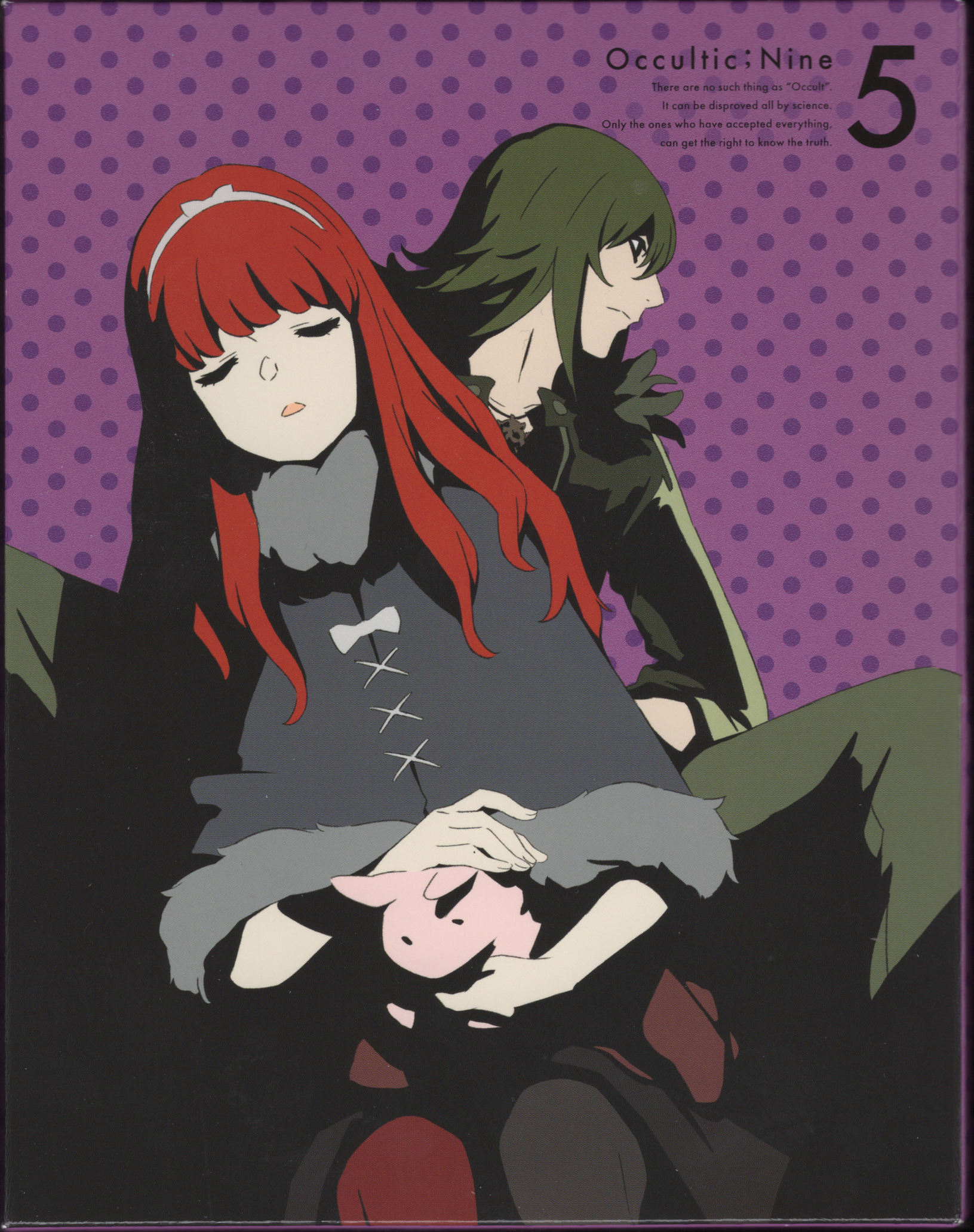 kurenaino aria, occultic;nine, science adventure, highres, image sample, official art, 1boy, 1girl, black hair, black pantyhose, capelet, closed eyes, closed mouth, fur-trimmed capelet, fur trim, green hair, hairband, holding, holding stuffed toy, kusakabe kiryuu, long hair, long sleeves, multicolored pantyhose, open mouth, pantyhose, red hair, red pantyhose, serious, stuffed toy