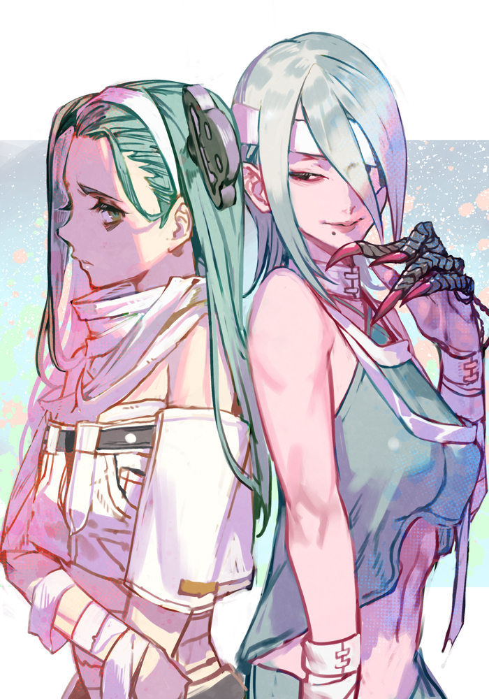 hungry clicker, a.b.a, a.k.i. (street fighter), guilty gear, guilty gear strive, street fighter, street fighter 6, 1girl, 2girls, back-to-back, bags under eyes, bandaged neck, bandages, bare shoulders, breasts, claw (weapon), claw ring, green eyes, green hair, grey hair, hair over one eye, key, key in head, long hair, mole, mole under mouth, multiple girls, navel, object through head, official alternate costume, pale skin, weapon