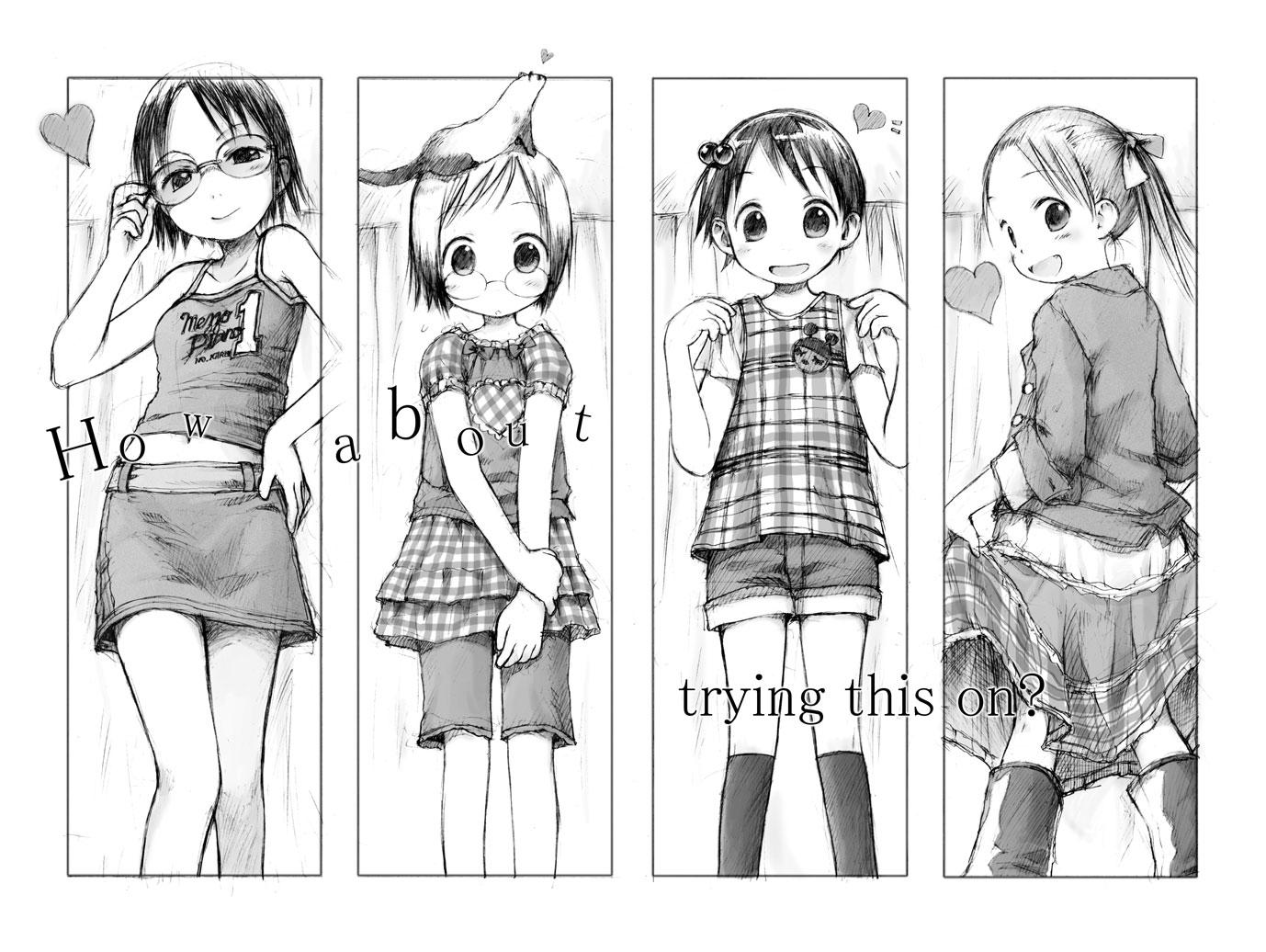 barasui, itou chika, itou nobue, john, matsuoka miu, sakuragi matsuri, ichigo mashimaro, plaid, 4girls, adjusting eyewear, animal, animal on head, belt, blush, boots, camisole, child, clothes lift, dress, english text, ferret, glasses, greyscale, hair bobbles, hair ornament, heart, holding own wrist, jacket, looking at viewer, looking back, monochrome, multicolored hair, multiple girls, object on head, on head, pinafore dress, rubber boots, shirt lift, short hair, short sleeves, shorts, siblings, sisters, sleeveless dress, smile, spoken heart, standing, twintails