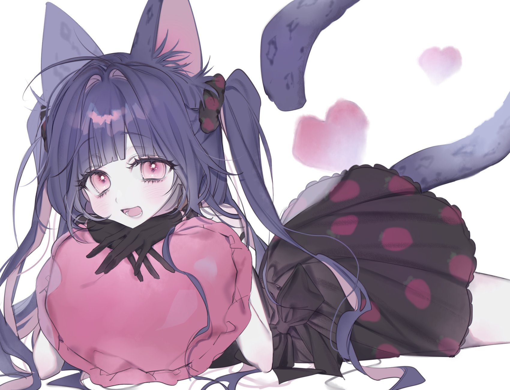 highres, animal, animal ears, black gloves, blush, bluv d, cat ears, cat girl, cat tail, dress, fluff, gloves, heart, long hair, looking at viewer, lying, on stomach, open mouth, pantyhose, pillow, red eyes, smile, solo, tail, twintails, very long hair, white background, wings