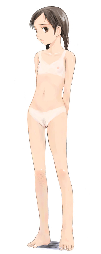 imo cyber, imomi, copyright request, 1girl, barefoot, bikini tan, braid, brown hair, cleft of venus, completely nude, feet, female focus, female pubic hair, flat chest, full body, loli, long legs, navel, nipples, nude, pinup (style), pubic hair, pussy, simple background, skinny, solo, sparse pubic hair, standing, tan, tanline, twin braids, uncensored, white background