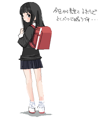 kusanagi koyori, lowres, 1girl, back, backpack, bag, black eyes, black hair, female focus, from behind, legs, long hair, looking back, oekaki, randoseru, solo