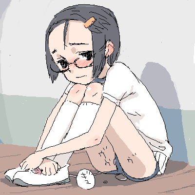 @ (artist), white footwear, copyright request, lowres, 1girl, blush, buruma, embarrassed, female focus, female masturbation, glasses, gym uniform, hair ornament, hairclip, knees up, legs together, loli, looking at viewer, masturbation, oekaki, on floor, panties, pussy juice, remote control vibrator, sex toy, short sleeves, sitting, socks, solo, underwear, vibrator, vibrator cord, vibrator under clothes, vibrator under panties, white socks
