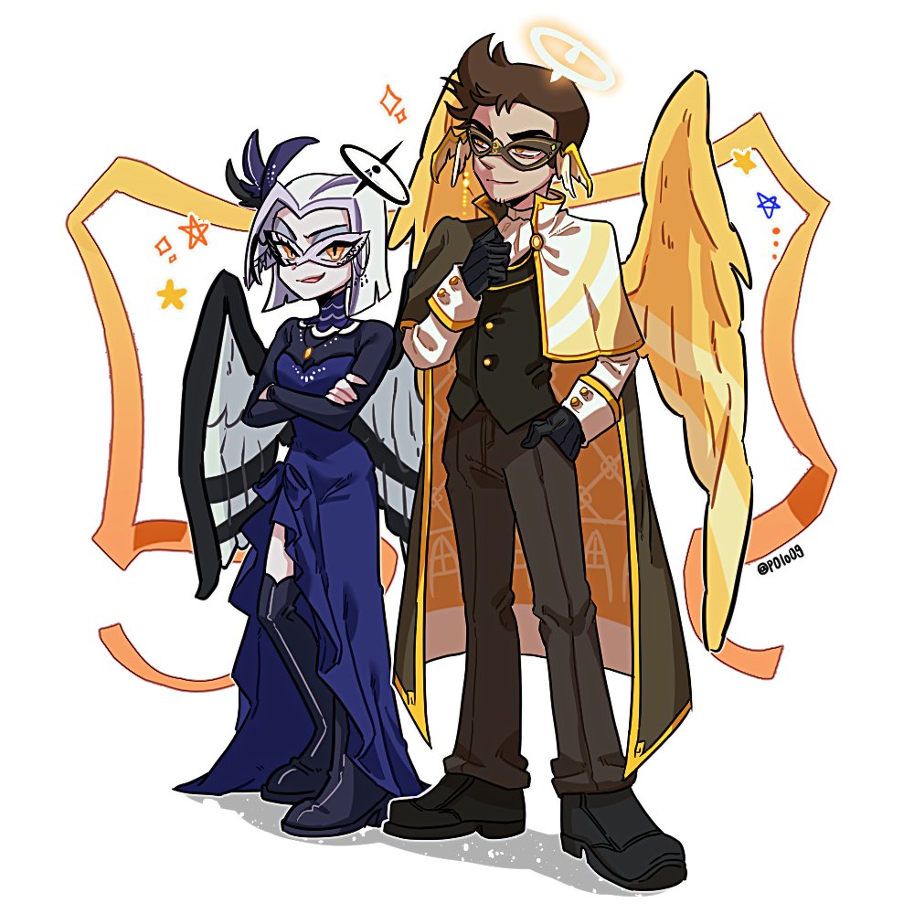 michelin (p0lo09), adam (hazbin hotel), lute (hazbin hotel), hazbin hotel, hellaverse, commentary request, korean commentary, 1boy, 1girl, :d, alternate costume, black boots, black cape, black gloves, black halo, black pants, black shirt, black shoes, black vest, black wings, blue dress, bob cut, boots, breasts, brown hair, brown mask, cape, closed mouth, crossed arms, dress, eye mask, eyeshadow, facial hair, feathered wings, feathers, frilled dress, frills, full body, gloves, glowing, glowing halo, gold buttons, gold trim, grey eyeshadow, halo, hand in pocket, hand on own chest, legs apart, long dress, long sleeves, looking at viewer, looking to the side, makeup, mask, masquerade mask, open mouth, oversized wings, pale skin, pants, shadow, shirt, shoes, short hair, side slit, simple background, sleeve cuffs, slit pupils, small breasts, smile, sparkle, standing, star (symbol), strapless, strapless dress, thick eyebrows, thigh boots, two-sided cape, two-sided fabric, two-tone wings, very short hair, vest, white background, white hair, white halo, white mask, white shirt, white wings, wings, yellow cape, yellow eyes, yellow wings