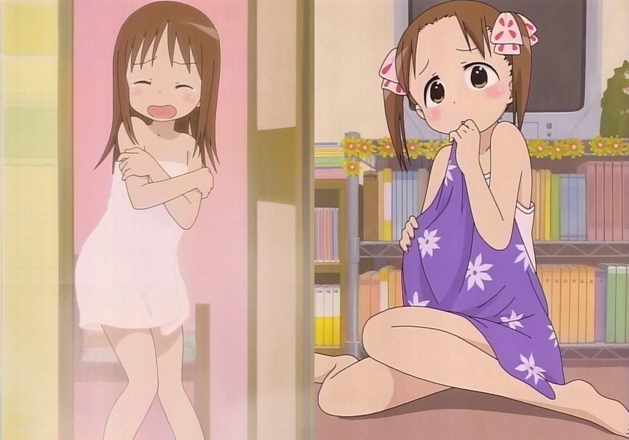 matsuoka miu, ichigo mashimaro, anime screenshot, 1girl, brown hair, closed eyes, covering privates, indoors, multiple views, naked towel, sitting, television, towel, twintails, wariza