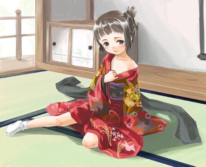 sody, traditional clothes, 1girl, blush, brown eyes, brown hair, female focus, hands in opposite sleeves, indoors, japanese clothes, kimono, loli, obi, off shoulder, sash, single bare shoulder, sitting, solo, tabi, tatami