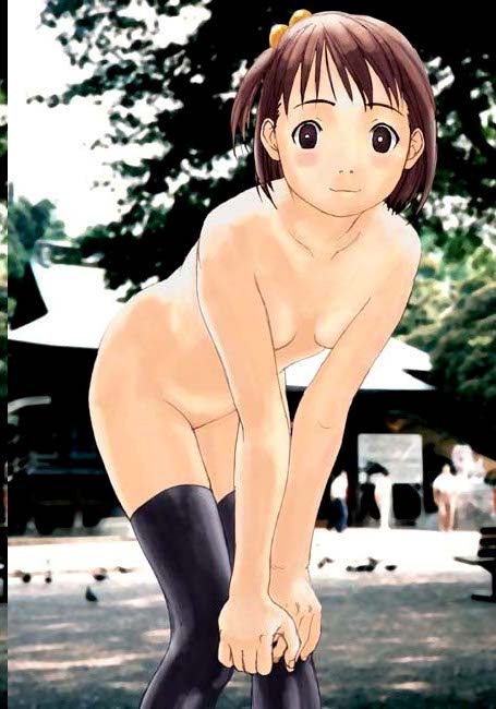 wang-pac, 1girl, bent over, black eyes, black thighhighs, blush, breasts, brown hair, day, female focus, flat chest, groin, hair bobbles, hair ornament, knees together feet apart, loli, nude, outdoors, photo background, public indecency, short hair, side ponytail, smile, solo, thighhighs, zenra