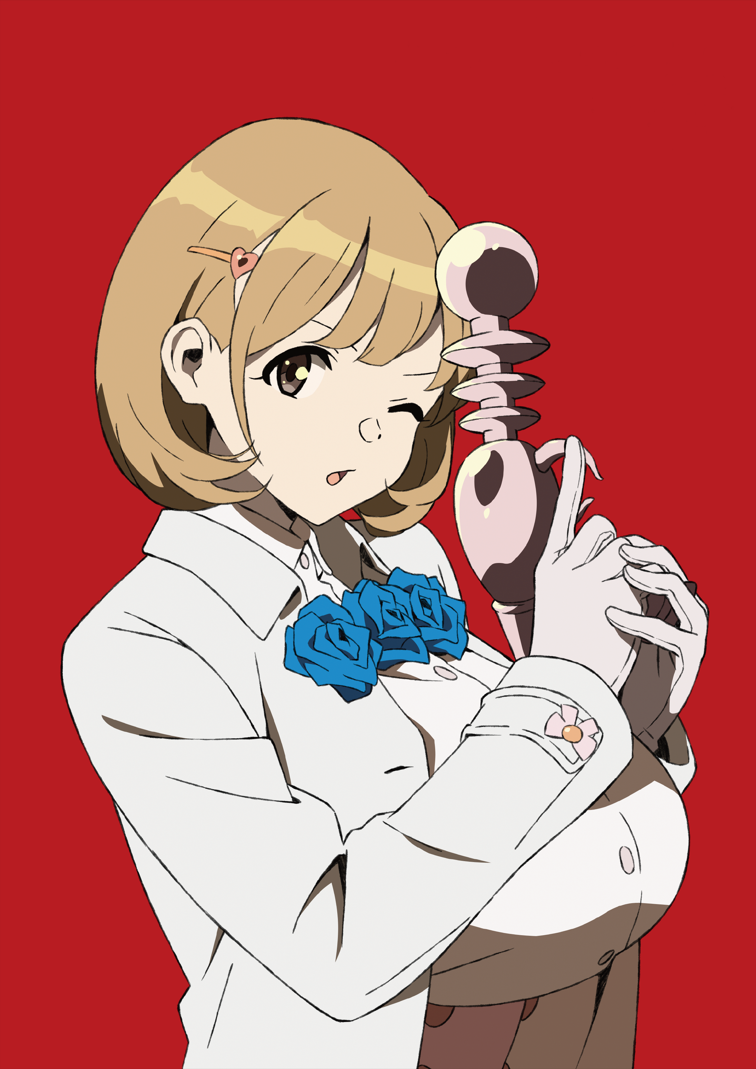 narusawa ryouka, occultic;nine, science adventure, absurdres, highres, official art, 1girl, breasts, brown eyes, brown hair, energy gun, gloves, hair ornament, hairclip, heart, heart hair ornament, holding, holding ray gun, huge breasts, looking at viewer, one eye closed, open mouth, ray gun, shirt, short hair, simple background, smile, solo, upper body, weapon, white gloves
