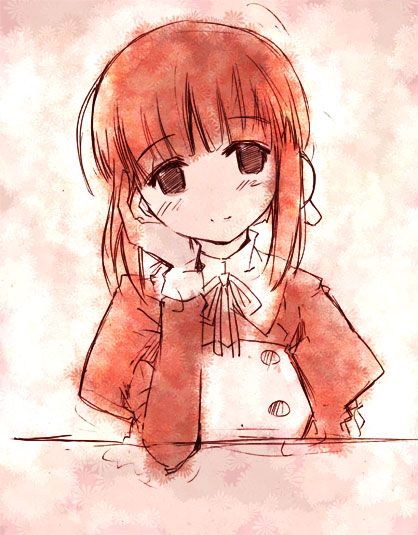 momiji mao, ilfa (to heart), to heart (series), to heart 2, 00s, 1girl, black eyes, dress, female focus, red dress, red hair, red theme, robot ears, sketch, solo