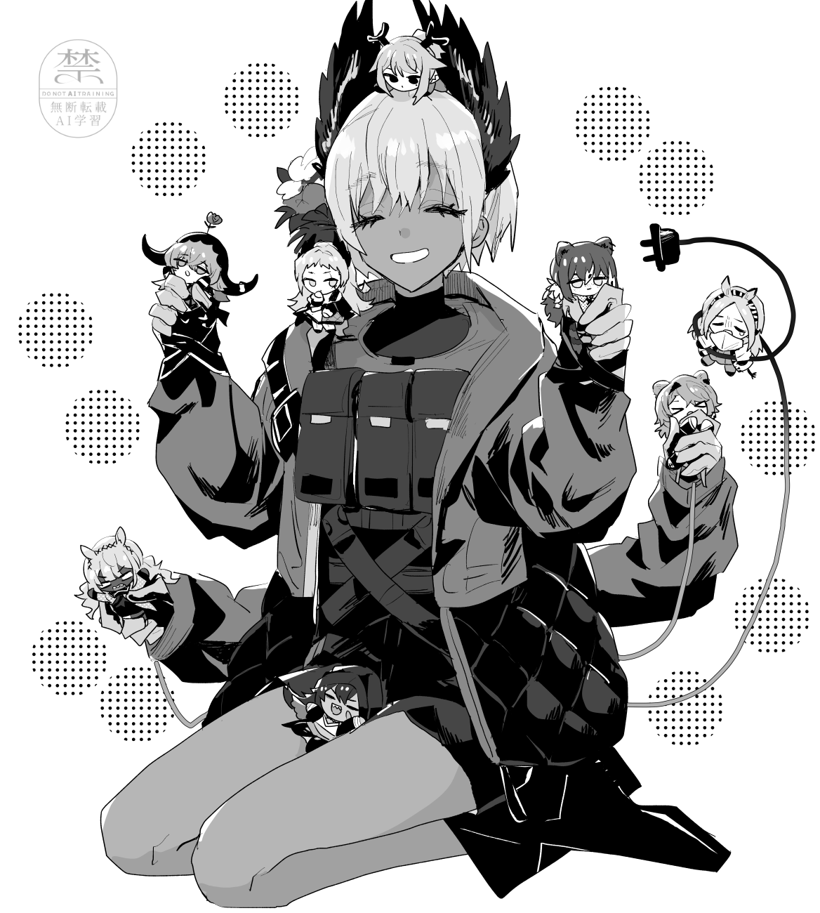 iwashi 80, absinthe (arknights), flint (arknights), irene (arknights), pallas (arknights), raidian (arknights), robin (zenless zone zero), tuye (arknights), arknights, highres, 6+girls, bird girl, boots, cable, cable tail, closed eyes, creator connection, dark-skinned female, dark skin, electric plug, electric plug tail, extra arms, feather hair, feathers, flower, greyscale, hair flower, hair ornament, head wings, holding, holding mini person, mechanical tail, mini person, minigirl, monochrome, multiple girls, short hair, sitting, smile, tail, wariza, wings