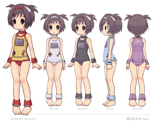 emoncake., game boy-tan, game boy micro-tan, gameboymicrotan, nintendo, lowres, 1girl, :o, alternate color, anklet, ass, barefoot, black one-piece swimsuit, blue eyes, blush, bob cut, brown hair, child, choker, english text, feet, flat chest, from behind, full body, game boy, game boy (original), game boy micro, grey hair, hairband, handheld game console, jewelry, multiple views, one-piece swimsuit, open mouth, personification, product girl, profile, purple one-piece swimsuit, purple school swimsuit, reference sheet, school swimsuit, short hair, short twintails, simple background, standing, swimsuit, thigh gap, turnaround, twintails, variations, white one-piece swimsuit, white school swimsuit, wristband, yellow one-piece swimsuit
