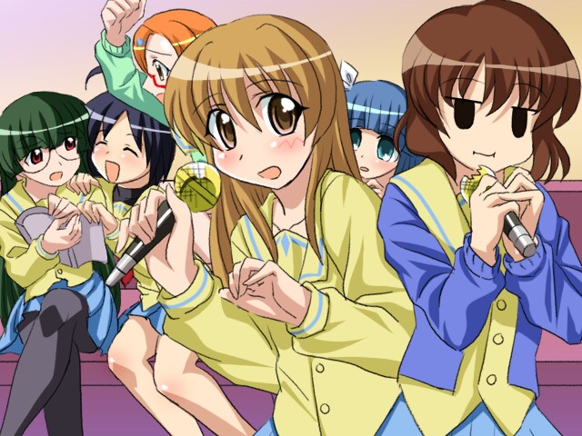 sanshita, ichijou, katagiri himeko, momose kurumi, suzuki sayaka, tachibana rei, uehara miyako, pani poni dash!, 00s, 6+girls, everyone, karaoke, microphone, multiple girls, pantyhose, pleated skirt, school uniform, serafuku, skirt