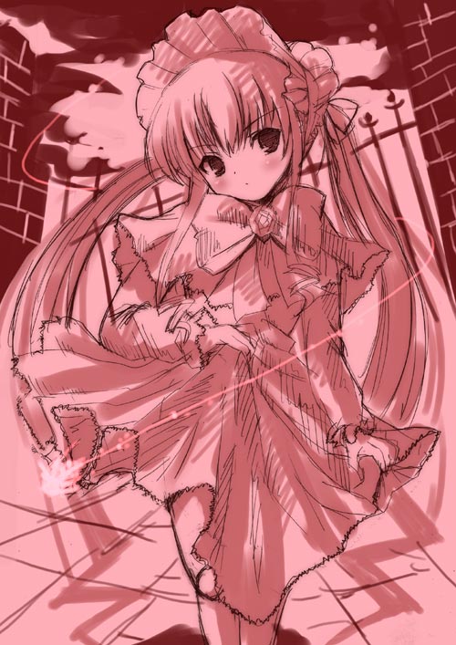 shinshin, shinku, rozen maiden, 00s, 1girl, dress, female focus, lolita fashion, monochrome, pink theme, solo