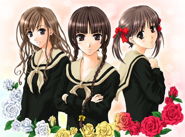fukuzawa yumi, shimazu yoshino, toudou shimako, maria-sama ga miteru, 00s, 3girls, braid, brown eyes, brown hair, crossed arms, flower, frown, grey eyes, long hair, long sleeves, multicolored flower, multicolored rose, multiple girls, red flower, red rose, rose, short hair, short twintails, smile, twin braids, twintails, white background, white flower, white rose, yellow flower, yellow rose