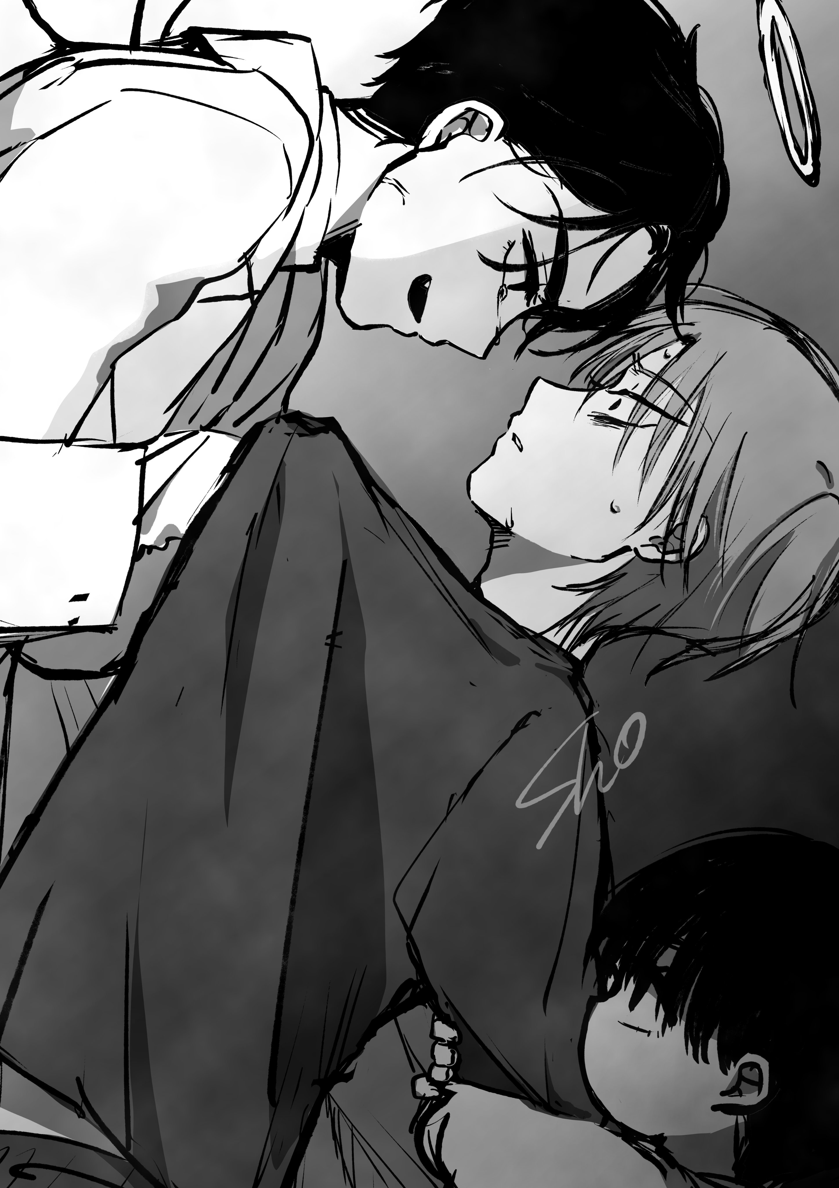 sho (shoootaya), ivan (alien stage), till (alien stage), alien stage, absurdres, commentary request, highres, 3boys, aged down, clothes grab, dual persona, greyscale, halo, long sleeves, monochrome, multiple boys, open mouth, shirt, shirt grab, short hair, signature, tears, very short hair