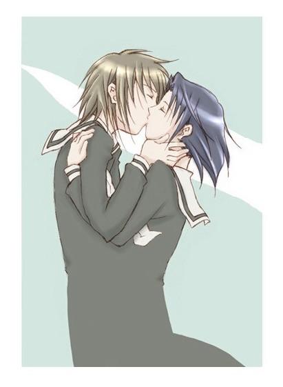 mizuno youko, satou sei, maria-sama ga miteru, 00s, 2girls, blonde hair, blue hair, brown hair, hand on another's face, hug, kiss, multiple girls, school uniform, short hair, yuri