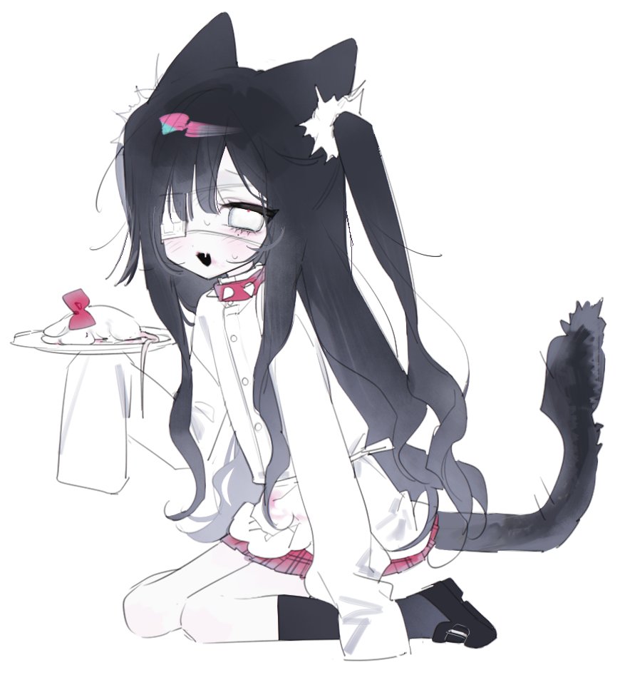 1girl, animal, animal ears, blush, bluv d, cat ears, cat tail, collar, eyepatch, food, long hair, long sleeves, open mouth, shirt, shoes, sitting, skirt, solo, tail, tray, very long hair, white background