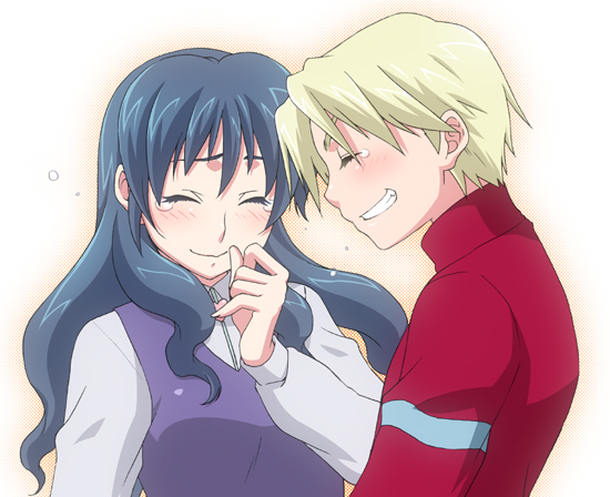kuroo (project apricot), howard (mujin wakusei survive), menori, menori visconti, madhouse, mujin wakusei survive, 00s, 1boy, 1girl, blonde hair, blue hair, blush, closed eyes, hand to own mouth, long hair, purple sweater vest, short hair, simple background, smile, sweater vest, tears