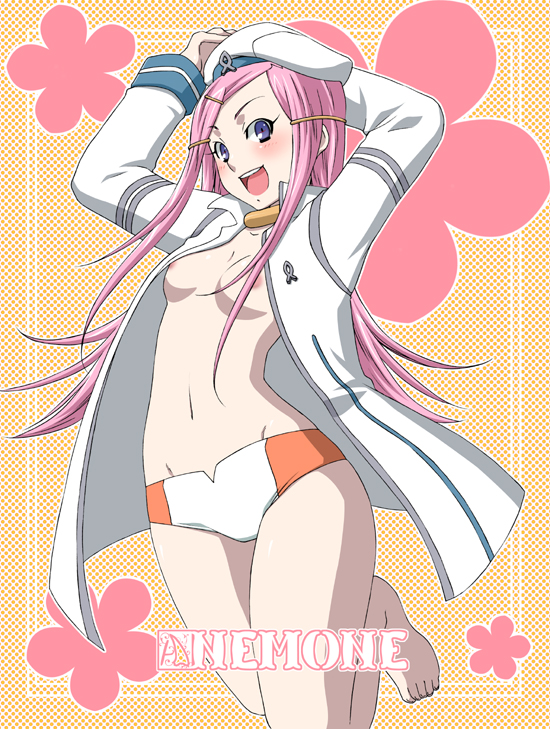 kuroo (project apricot), anemone (eureka seven), bones (company), eureka seven, eureka seven (series), 00s, 1girl, barefoot, beret, blush, borrowed clothes, collar, feet, female focus, hair ornament, hairclip, hat, long hair, military, military uniform, open clothes, open shirt, pink hair, purple eyes, shirt, solo