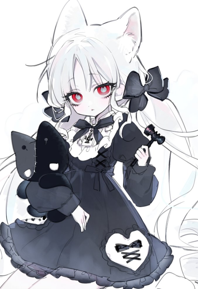 1girl, animal ears, blush, bluv d, bow, cat ears, closed mouth, dress, frills, holding, juliet sleeves, long hair, long sleeves, looking at viewer, monochrome, puffy sleeves, red eyes, solo, stuffed animal, stuffed toy, twintails, very long hair