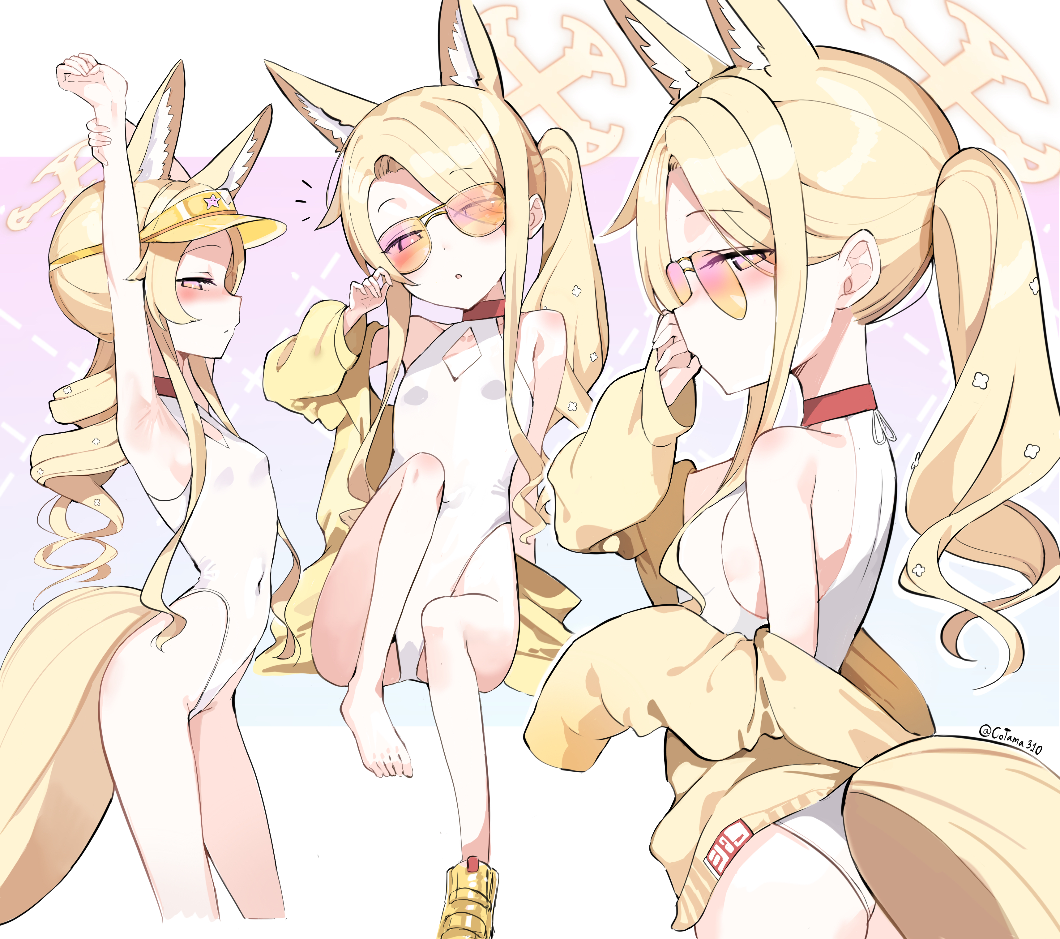 cotama, seia (blue archive), seia (swimsuit) (blue archive), blue archive, absurdres, highres, 1girl, animal ears, blonde hair, breasts, fox ears, halo, jacket, long hair, multiple views, one-piece swimsuit, small breasts, sunglasses, swimsuit, tail, visor cap, white one-piece swimsuit