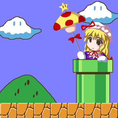 deeptake (artist), fukaiton, super star (mario), yakumo yukari, mario (series), nintendo, super mario bros. 1, touhou, lowres, 1girl, blue background, blush, cloud, crossover, female focus, hat, mob cap, mushroom, parody, sky, solo, super mushroom, surprised, umbrella, warp pipe, | |