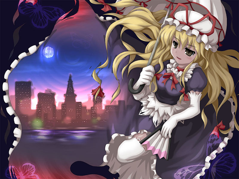 deeptake (artist), fukaiton, yakumo yukari, touhou, 1girl, blonde hair, bow, bug, butterfly, city, cityscape, dress, elbow gloves, female focus, folding fan, gap (touhou), gloves, hand fan, insect, long hair, parasol, ribbon, solo, umbrella, very long hair