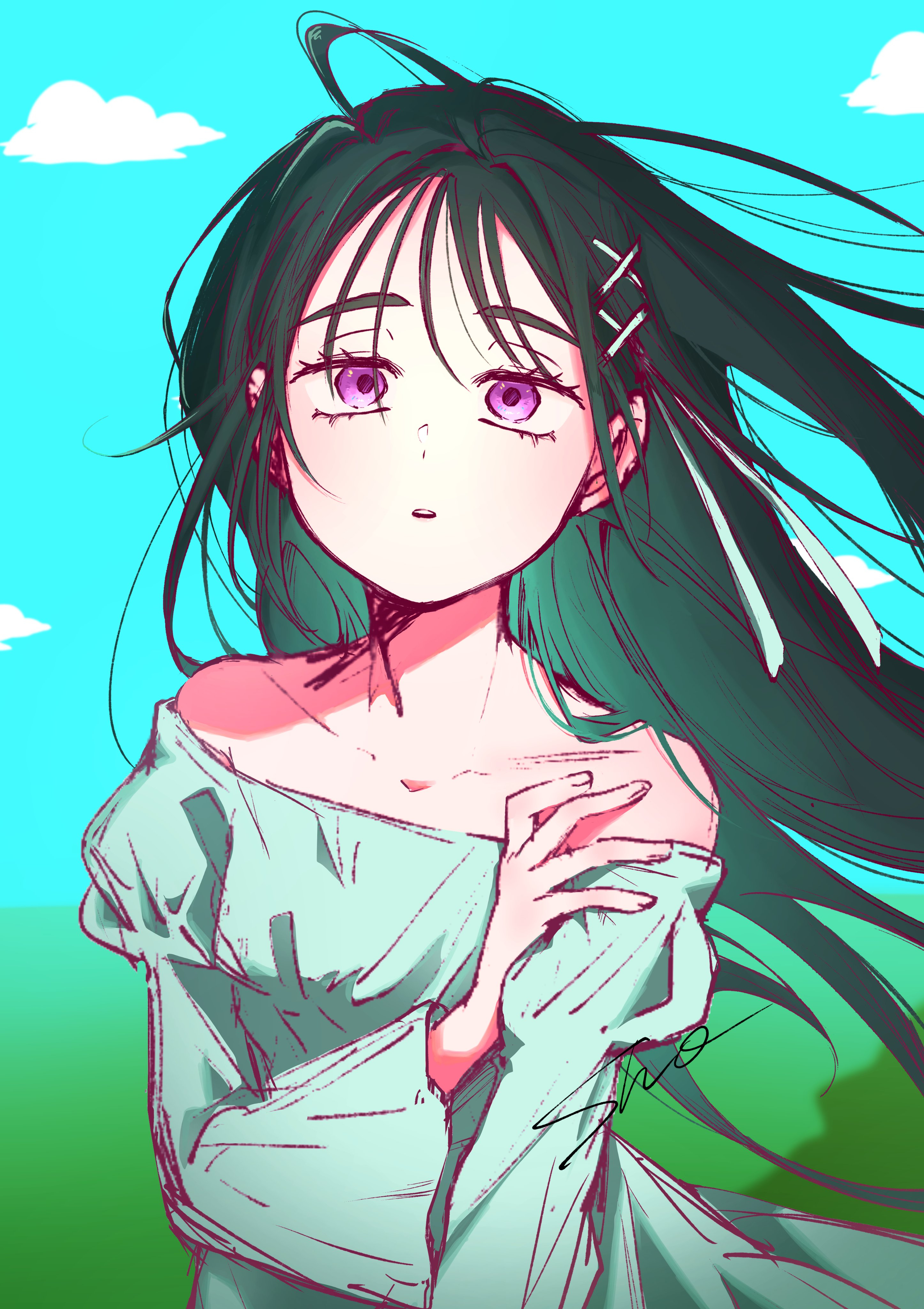 sho (shoootaya), sua (alien stage), alien stage, absurdres, commentary request, highres, 1girl, black hair, blue sky, cloud, dress, floating hair, grass, hair ornament, hair ribbon, hand on own shoulder, long hair, long sleeves, off-shoulder dress, off shoulder, official alternate costume, parted lips, purple eyes, ribbon, sky, solo, upper body, very long hair, white dress, white ribbon, x hair ornament