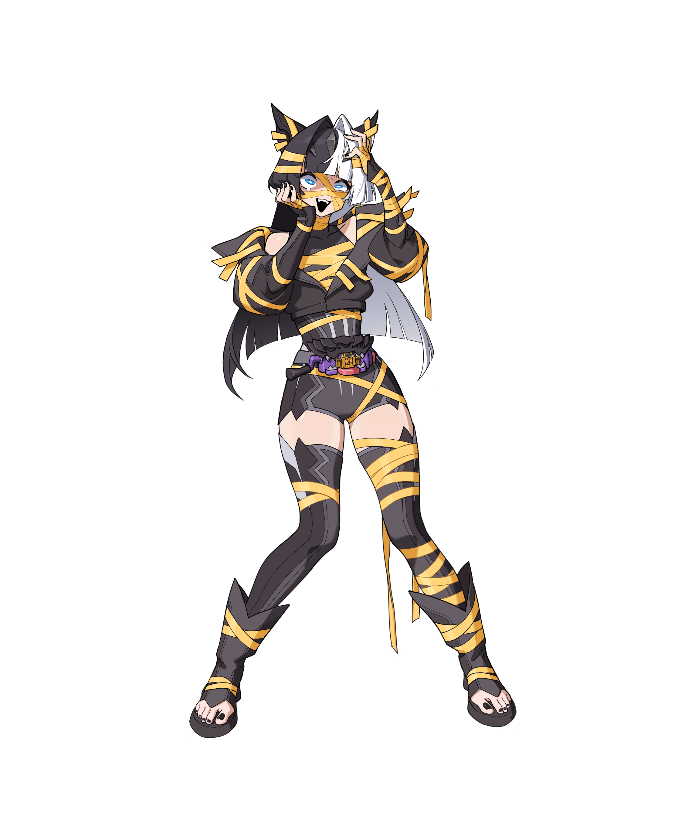 goz-zz, kamen rider bitter gavv, rider-tan, kamen rider, kamen rider gavv (series), absurdres, highres, belt, black nails, bodysuit, boots, fingerless gloves, genderswap, genderswap (mtf), gloves, jiip stomach, multicolored hair, open-toe boots, open mouth, two-tone hair