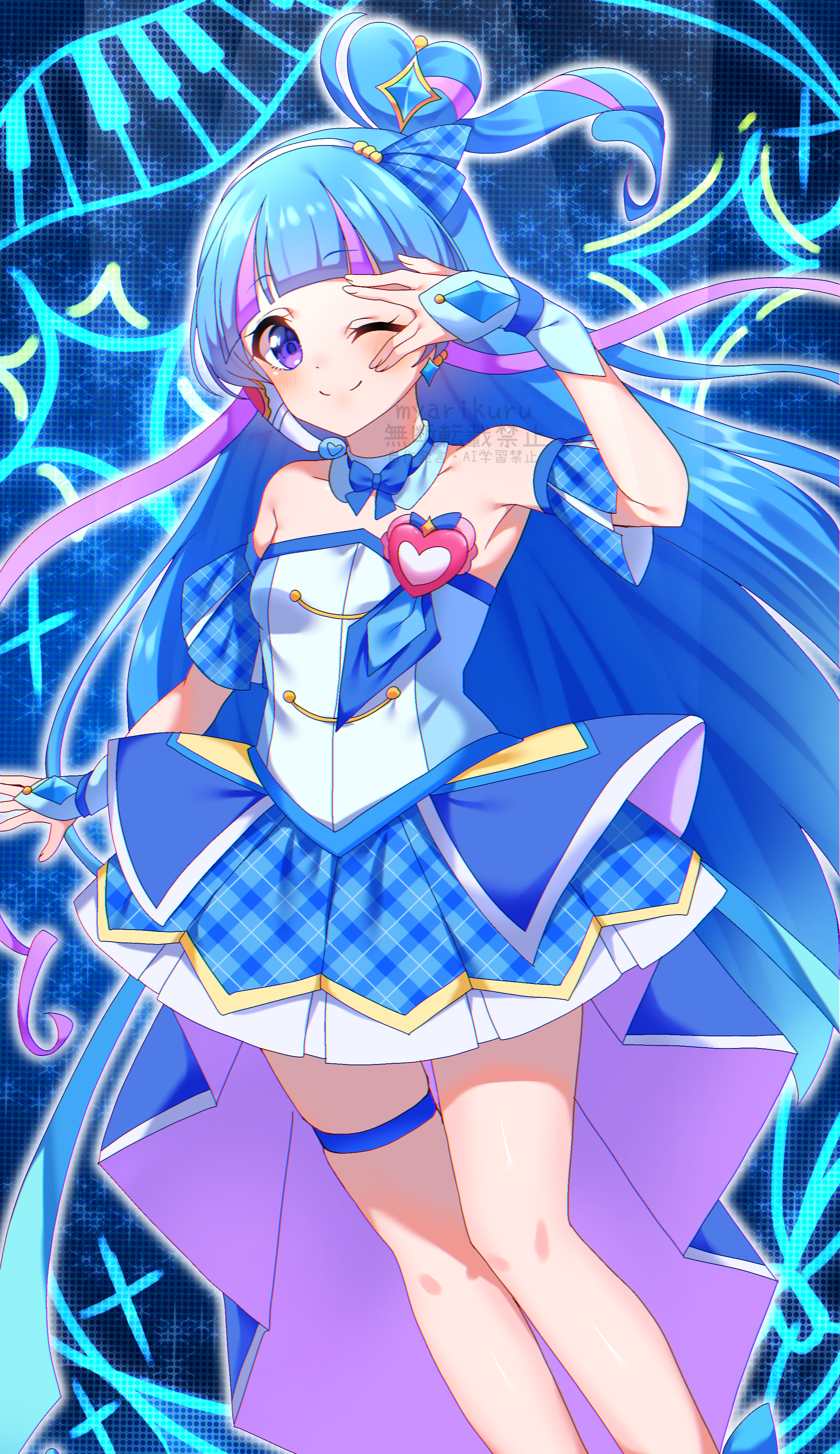 cure wink, kimi to idol precure, precure, absurdres, highres, 1girl, aqua hair, bare shoulders, blue skirt, blush, breasts, brooch, closed mouth, collarbone, dress, headset, heart, heart brooch, idol, idol clothes, jewelry, long hair, looking at viewer, medium breasts, multicolored hair, one eye closed, plaid clothes, plaid skirt, plaid sleeves, purple eyes, purple hair, pypymyrkr, short sleeves, skirt, smile, solo, strapless, strapless dress, thigh strap, very long hair