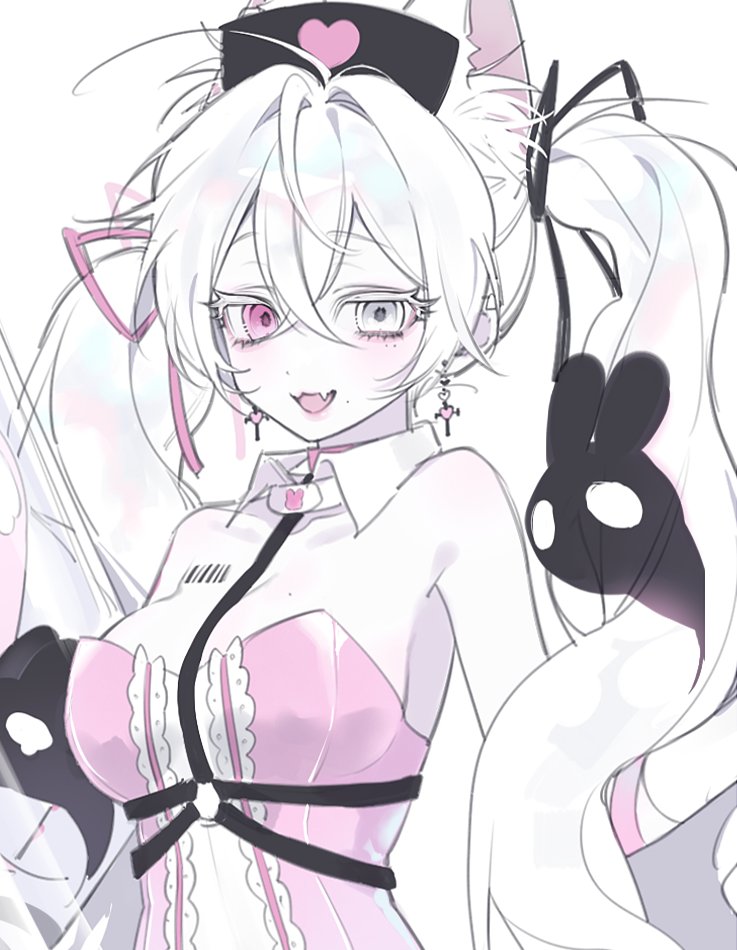 :d, bare shoulders, blush, bluv d, breasts, dress, earrings, hair between eyes, hair ribbon, hat, heart, jewelry, long hair, looking at viewer, open mouth, ribbon, simple background, smile, solo, twintails, upper body, white background