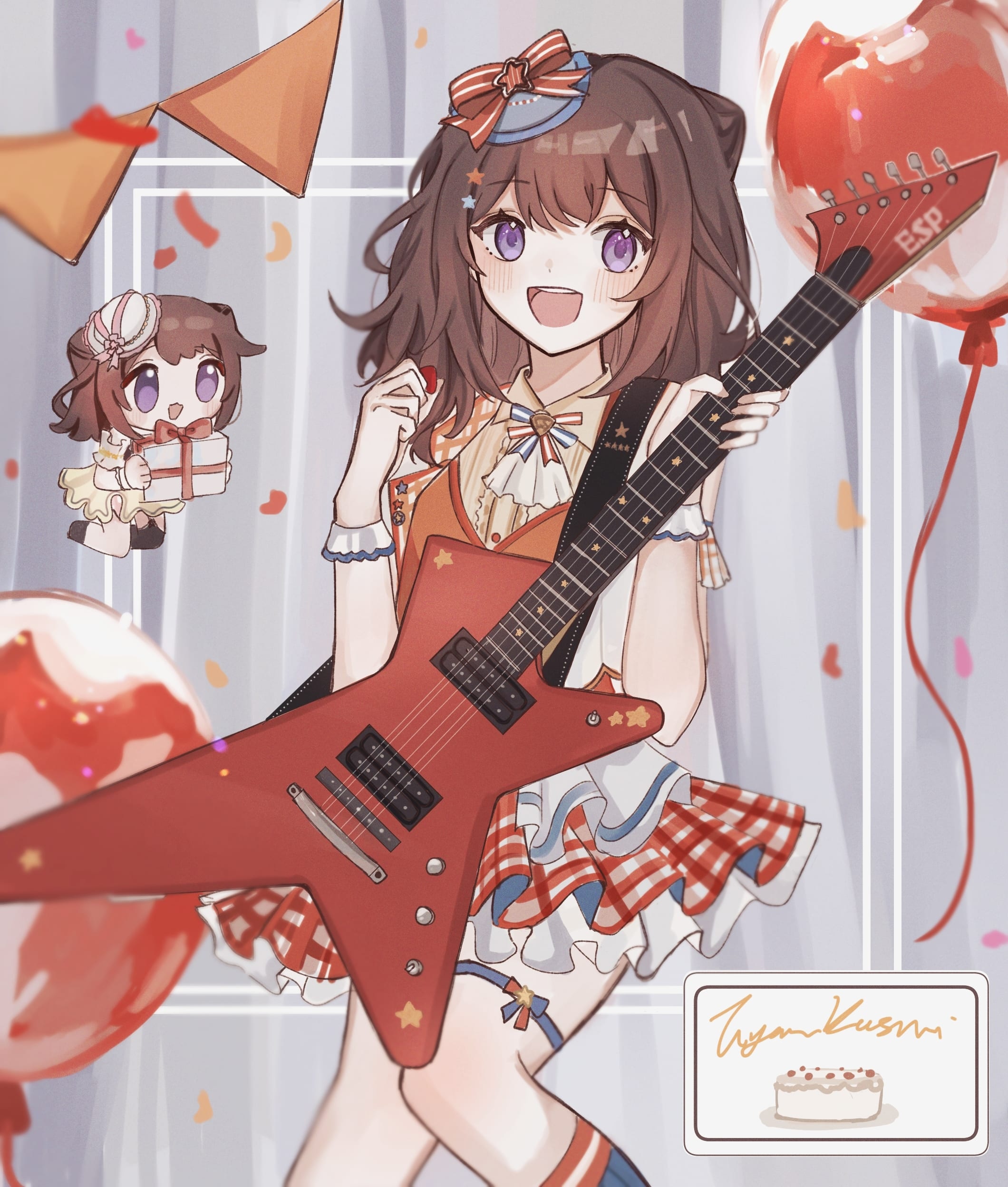 toyama kasumi, bang dream!, absurdres, commentary, highres, 1girl, blush, brown hair, cone hair bun, confetti, electric guitar, esp guitars, guitar, hair bun, holding, holding guitar, holding instrument, holding plectrum, instrument, jiumi, open mouth, plectrum, purple eyes, teeth, thigh strap, upper teeth only