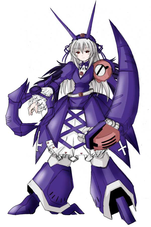 baund doc, suigintou, gundam, rozen maiden, zeta gundam, silver hair, duplicate, 00s, 1girl, belt, cross, dress, female focus, flower, frills, full body, hairband, inverted cross, long hair, looking at viewer, mecha, mecha musume, red eyes, robot, rose, simple background, solo, standing, white background