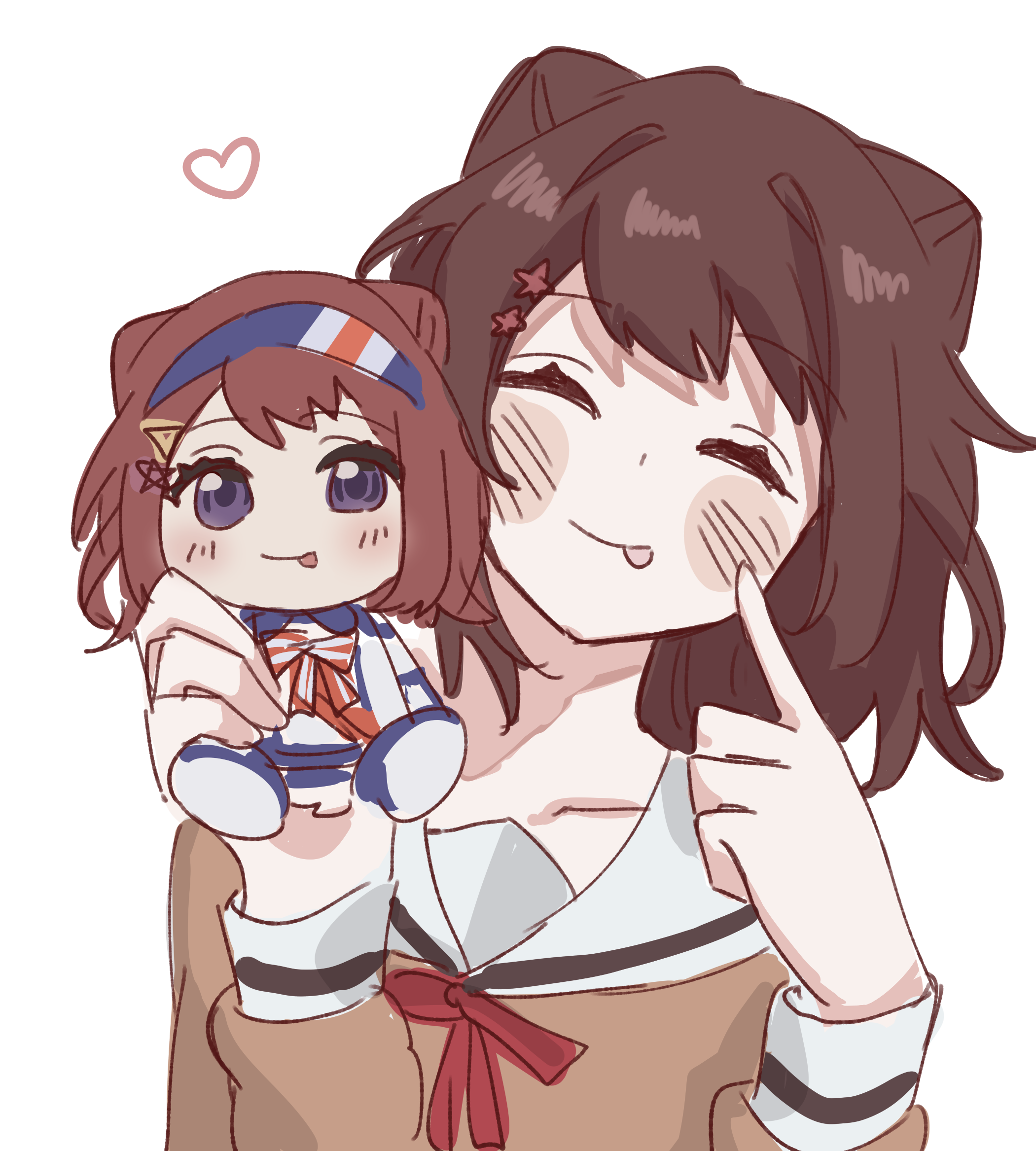 toyama kasumi, bang dream!, commentary, highres, 1girl, blush, brown hair, character doll, closed eyes, doll, hair ornament, hanasakigawa school uniform, heart, index finger raised, jiumi, long sleeves, red ribbon, ribbon, sailor collar, school uniform, simple background, solo, star (symbol), star hair ornament, tongue, tongue out, upper body, white background, white sailor collar