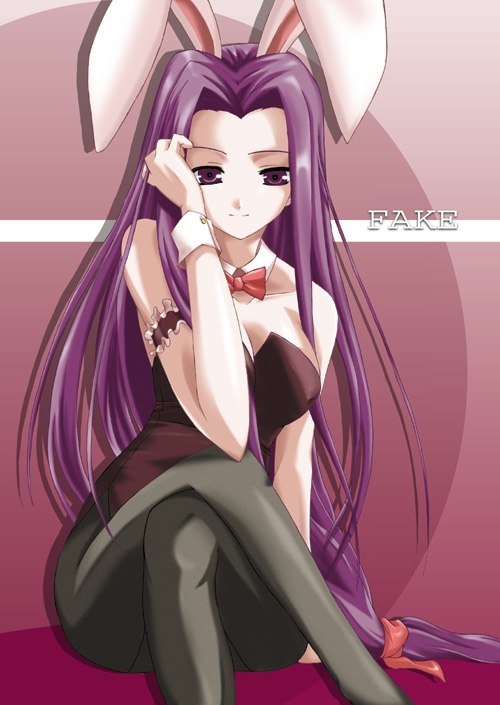 medusa (fate), medusa (rider) (fate), fate/stay night, fate (series), 00s, 1girl, animal ears, arm garter, bow, bowtie, crossed legs, fake animal ears, female focus, glasses, leotard, long hair, pantyhose, playboy bunny, purple eyes, purple hair, rabbit ears, sitting, solo, square pupils